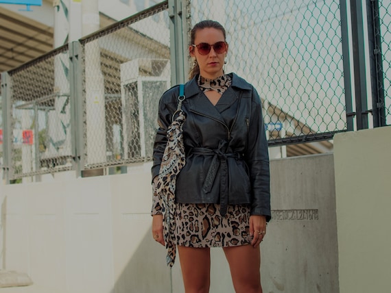 Black leather jacket Vintage 90's tied belted retr