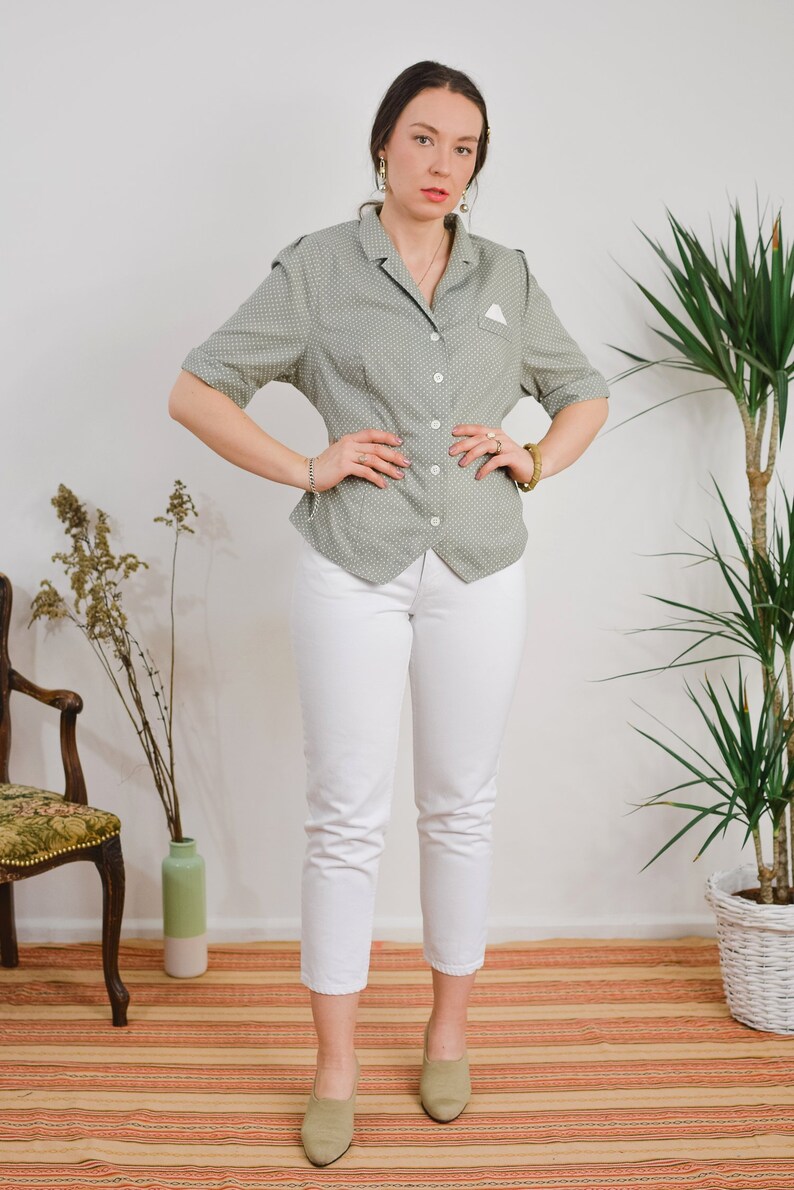 Polka dots shirt gray short sleeve Vintage 90s white dotted beige mod blouse Printed top button up down shoulder pads LXL