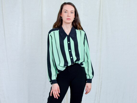 Striped shirt women vintage 80s long sleeve pistac