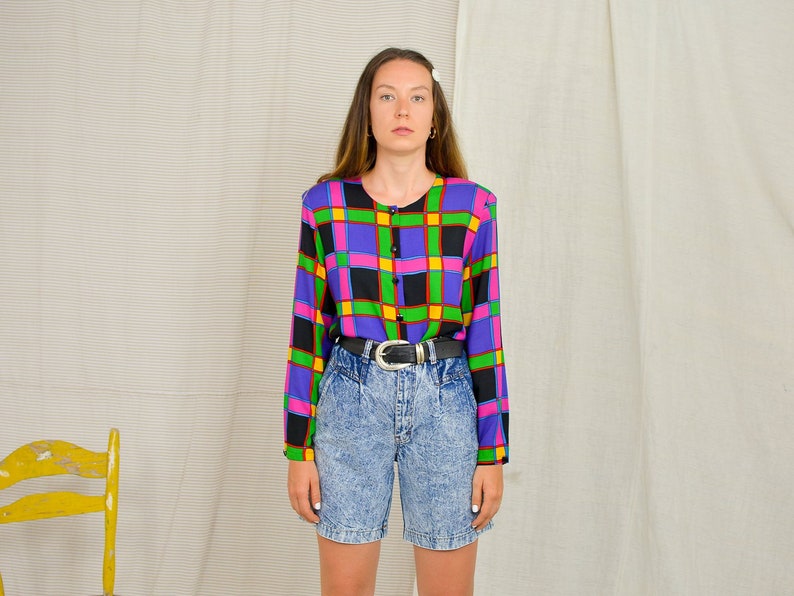 Retro shirt 80/'s vintage printed blouse women black purple rainbow long sleeve geometric button up down padded shoulders LXL