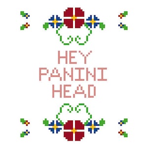 Pode incluir: Um design de arte pixelada com uma flor vermelha e flores azuis de cada lado. O texto "HEY PANINI HEAD" está em letras cor-de-rosa.