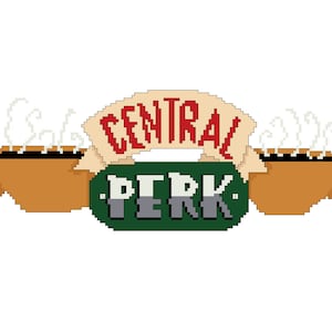 May include: Pixelated graphic of the Central Perk logo from the TV show Friends. The design features two brown coffee cups with steam, the words "CENTRAL PERK" in red on a beige banner, and the words "PERK" in white on a green background.