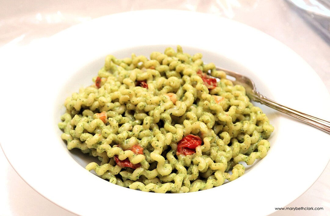 Fusilli Lunghi With Shrimp, Cherry Tomatoes, and Avocado Pesto