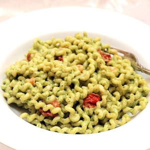Fusilli Lunghi with Shrimp, Cherry Tomatoes, and Avocado Pesto, Printable PDF Recipe with Photos, Instant Digital Download