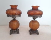 Vintage Amber Hobnail Glass Hurricane Lamps Three Way Lighting