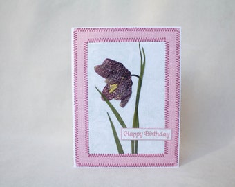 Handmade birthday card with a pressed fritillary flower