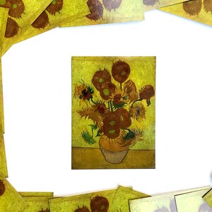 May include: A painting of a vase of sunflowers in shades of yellow, brown, and green. The sunflowers are arranged in a loose bouquet, with some of the flowers facing the viewer and others facing away. The vase is a simple, brown ceramic.