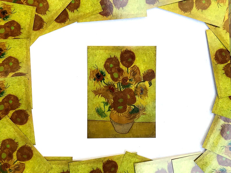 May include: A painting of a vase of sunflowers in shades of yellow, brown, and green. The sunflowers are arranged in a loose bouquet, with some of the flowers facing the viewer and others facing away. The vase is a simple, brown ceramic.