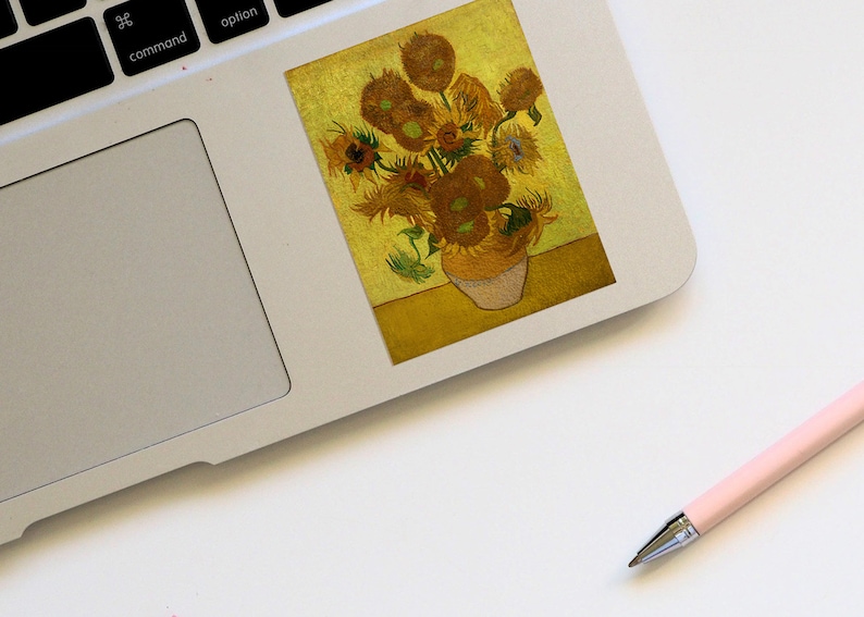 May include: A painting of a vase of sunflowers. The sunflowers are yellow and brown, and the vase is white. The background is a yellow-gold color.