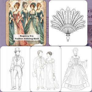 Może przedstawiać: Okładka książki do kolorowania mody z epoki Regency z ilustracjami kobiet w strojach z epoki. Obraz zawiera rysunki piór, mężczyzny w cylindrze i par w strojach z epoki Regency. Okładka książki zawiera tekst "Regency Era Fashion Coloring Book".