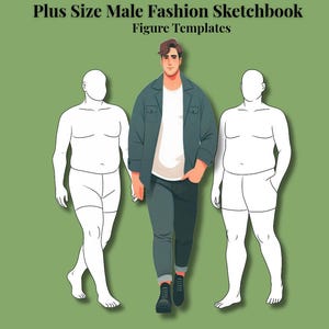 Könnte beinhalten: Ein grünes Skizzenbuchcover mit dem Text "Plus Size Male Fashion Sketchbook Figure Templates". Das Bild zeigt einen Mann in Freizeitkleidung, flankiert von zwei Figurenvorlagen. Zusätzlicher Text lautet "15 Stylish Croquis • Outfit Pages • Light Templates • Blank Drawing Space".