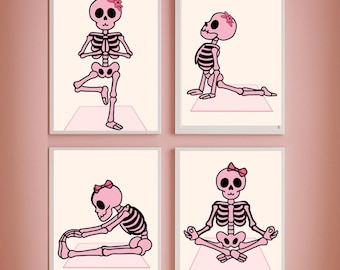 Conjunto de estampado de yoga con esqueleto rosa / Decoración femenina de Halloween (Descarga digital)