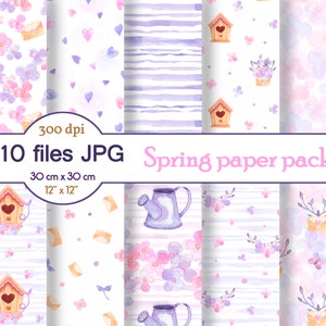 Motif violet Fond coeur Bandes florales Feuilles printanières Fond enveloppe Papier oiseau Papier numérique printanier R1