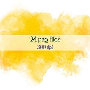 Puede incluir: Un fondo de acuarela amarillo con el texto "24 archivos png 300 dpi".