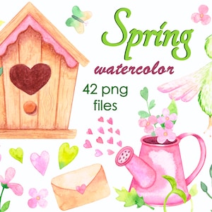 Clipart d'arrosoir clipart de nichoir clipart d'enveloppe aquarelle fleurs pousses clipart papillon clipart printemps clipart coeur oiseau R1