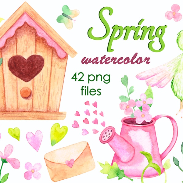 Watering can clipart Birdhouse clipart Envelope clipart Watercolor flowers Sprout clipart Butterfly clipart Spring clipart Heart Bird R1