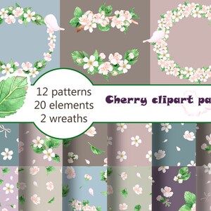 Wieniec wiśniowy Wzór kwiatów Akwarela sakura Wieniec png Różowy wieniec Gałęzie wiśni Zielone liście clipart Cyfrowe tło R1
