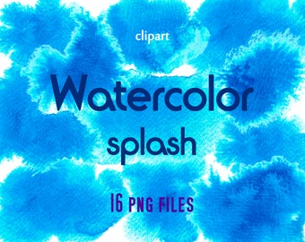 May include: Blue watercolor splashes on a white background. 16 PNG files. clipart