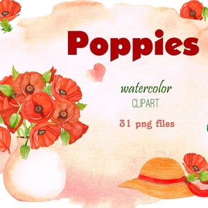 Champ de coquelicots aquarelle fleurs aquarelle gouttes clipart feuilles vertes clipart taches de peinture coquelicots clipart chapeau clipart R1