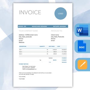 May include: A white invoice template with the word "INVOICE" at the top. The invoice includes fields for company and client details, item descriptions, quantities, unit prices, and costs. A blue circle with "LOGO" is in the top right.