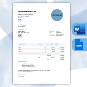 Invoice Template | Modern and Professional Invoice | Microsoft WORD and GOOGLE DOCS | Business Invoice | Customizable and Printable