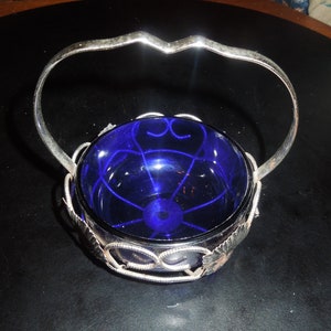 Vintage RARE Cobalt Blue Bagley Jam dish in wire basket