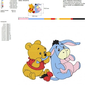 May include: An embroidered design of Winnie the Pooh and Eeyore. Pooh, in a red shirt, and Eeyore, in blue, are shown in a detailed style. The design measures 18.5 cm x 13.3 cm.