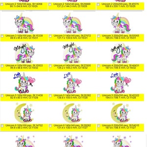 Puede incluir: Un conjunto de 9 diseños de bordado que presentan un unicornio con diferentes frases y diseños. Los diseños están disponibles en tres tamaños: 100x100 puntadas, 140x140 puntadas y 200x200 puntadas. Los diseños incluyen "Sé feliz", "Tú y yo", "Lindo", "Mágico", "Amor", "Hola", "Abrázame", y más.