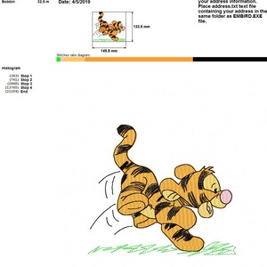May include: An embroidery design featuring Tigger from Winnie the Pooh running on a green background. The design is 149.8 mm wide and 133.6 mm high. The file is for use with Babylock, Bernina, and Brother embroidery machines.