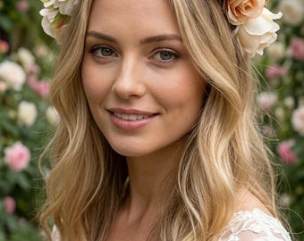 Bruidsbloemenhoofdband, kroon van ivoorkleurige en perzikkleurige rozen en pioenrozen, haaraccessoire voor bruid en eerste communie, bruidskroon, bloementiara
