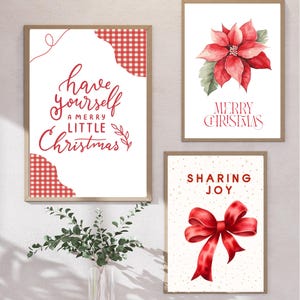 Christmas Wall Art Set of 3, Merry Christmas Poinsettia Print, Red Gingham Quote Poster, Sharing Joy Bow Art