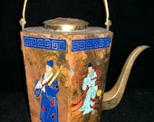 Chinese Antique Hand Painted Brass Teapot With Portraits And Mark