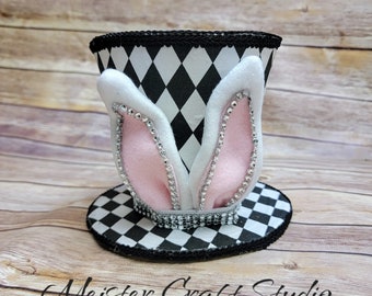 Decorative Harlequin Top Hat with Bunny Ears, Harlequin Hat Wreath Attachment, 3-D Hat for Decoration, Easter Decor, Bunny Hat, Spring