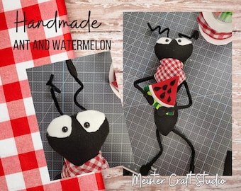 Handmade Ant with Watermelon Slice, Wreath Attachment, Summer, Picnic Wreath, Stuffed Black Ant, Door Decor, Picnic Ant, BBQ Party Decor