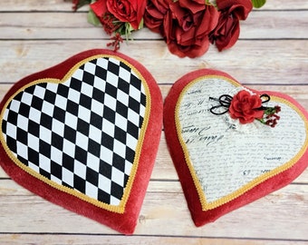 Red Velvet Romantic Heart SET, Vintage Heart Wreath Attachment, Romantic Heart Decor, Set of two Hearts, Red and Gold. Valentine Day