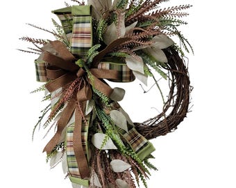 Neutral Grapevine Wreath with Green Plaid Bow, Rustic Farmhouse Door Decor, Everyday Front Door Wreath, Spring Summer Entryway Decor, Boho