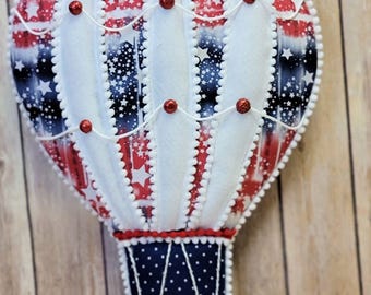 Patriotic Hot Air Balloon Wreath Attachment, Red White and Blue Americana Door Hanger, Memorial Day, 4th of July, Summer, Handmade