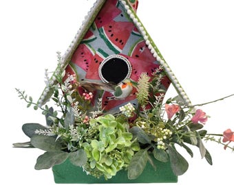 Watermelon Birdhouse Centerpiece, Summer Wreath Attachment, Primitive Farmhouse Decor, Faux Floral Arrangement, Patriotic Summer Decor