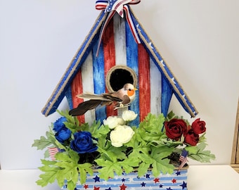 Patriotic Floral Birdhouse Wreath Attachment, Tabletop Decor, 3D Faux Farmhouse Birdhouse Door Hanger, Cottage Core Centerpiece