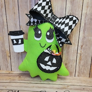 Harlequin Green Ghost Halloween Wreath Attachment, Coffee Candy Theme, Black and White Bow, Green Ghost Attachment, Spooky Door Hanger