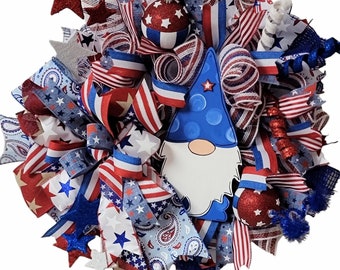 Patriotic Wreath, 4th of July Wreath, Freedom Wreath, Summer, Red White and Blue Wreath, Gnome, Independence Day Decor, USA Wreath