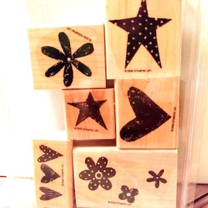 Stampin&#39; Up Retired Love It Wood Mounted Rubber Stamp, Set of Six, Pre-Owned, Like New, Stars, Hearts and Flowers Designs, RARE