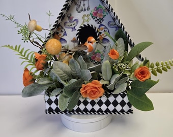 Whimsical Faux Birdhouse Wreath Attachment, Storybook Garden Centerpiece, Black White Check Decor, Spring Summer Door Hanger Accent