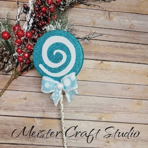 Teal and White Swirl Fake Glitter Lollipop, Faux Candy Wreath Attachment, 5 inch Tree Ornament, Handmade Fake Candy, Lollipop