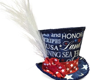 Patriotic Petite Top Hat Wreath Attachment, Americana Decor, 4th of July Centerpiece, Red White Blue Door Hanger, 3-D Hat Wreath Add-on
