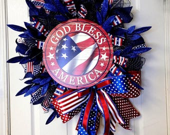 Patriotic God Bless America Wreath, Red, White & Blue Summer Door Decor, Memorial Day, 4th of July, Patriotic, Rustic Americana