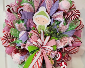 Pink Pastel Elf on a Bow Whimsical Wreath, Pink Red and Green Elf Candyland Wreath, Candy Cane, Winter Holiday Wreath, Green Elf