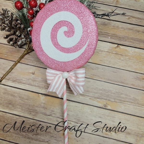 Pink and White Swirl Fake Glitter Lollipop, Faux Candy Wreath Attachment, 6 inch Tree Ornament, Centerpiece, Handmade Fake Candy, Lollipop