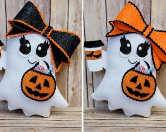 Girl Ghost Halloween Wreath Attachment, 2 Options, Coffee & Candy Theme, Orange Bow, Black Glitter Bow
