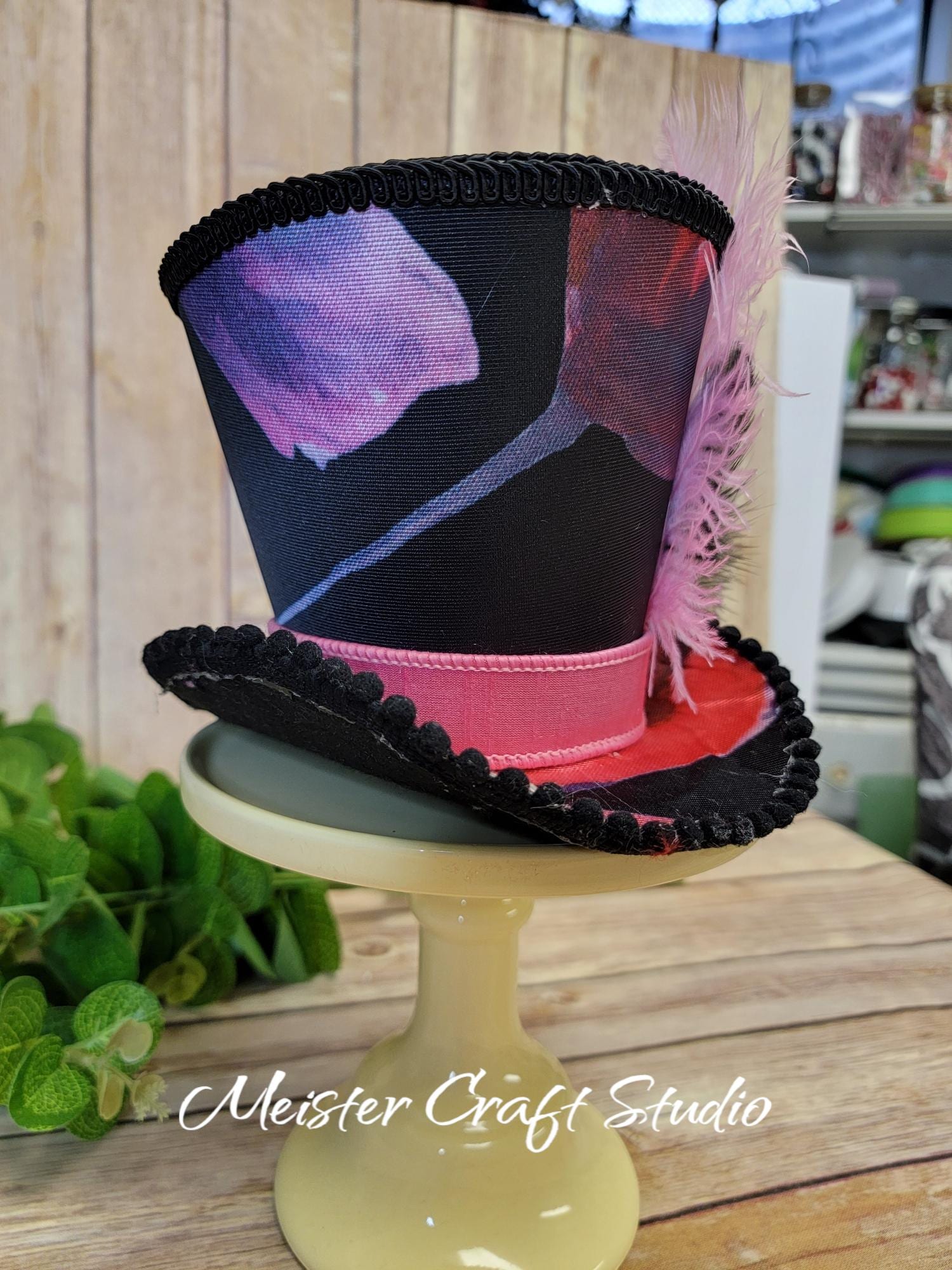 Decorative Petite Top Hat, Black and Pink Floral Print With 